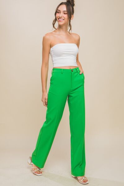  Pantalon droit taille haute en vert pomme 