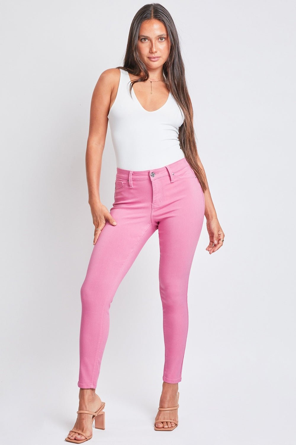  Pantalon skinny taille mi-haute hyperstretch en flamant rose 