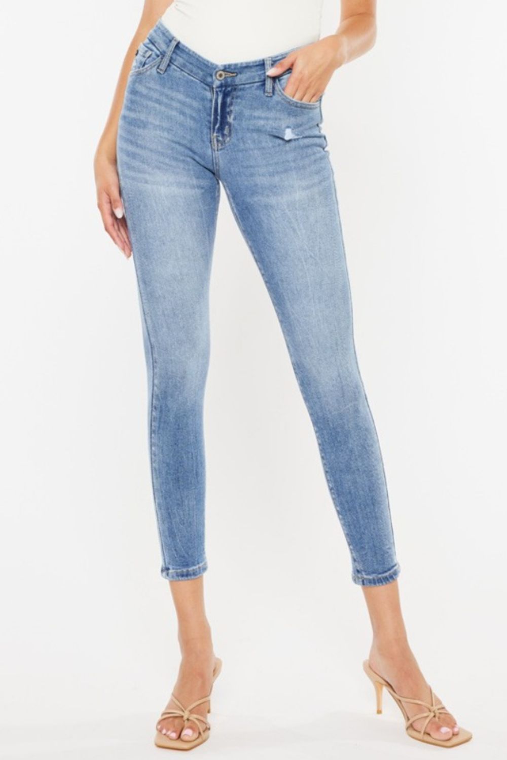  Jean skinny taille haute effet vieilli à délavage moyen 