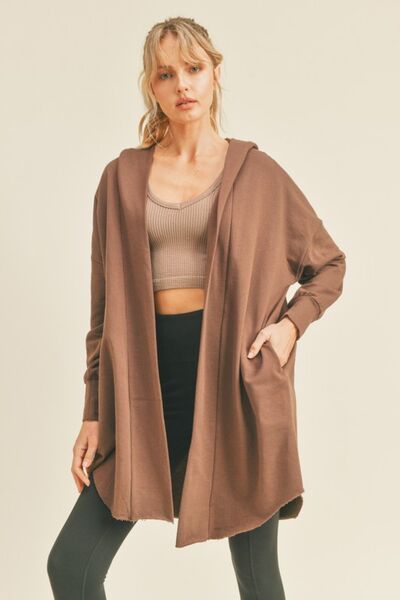  Cardigan à capuche long ouvert sur le devant en Choco 