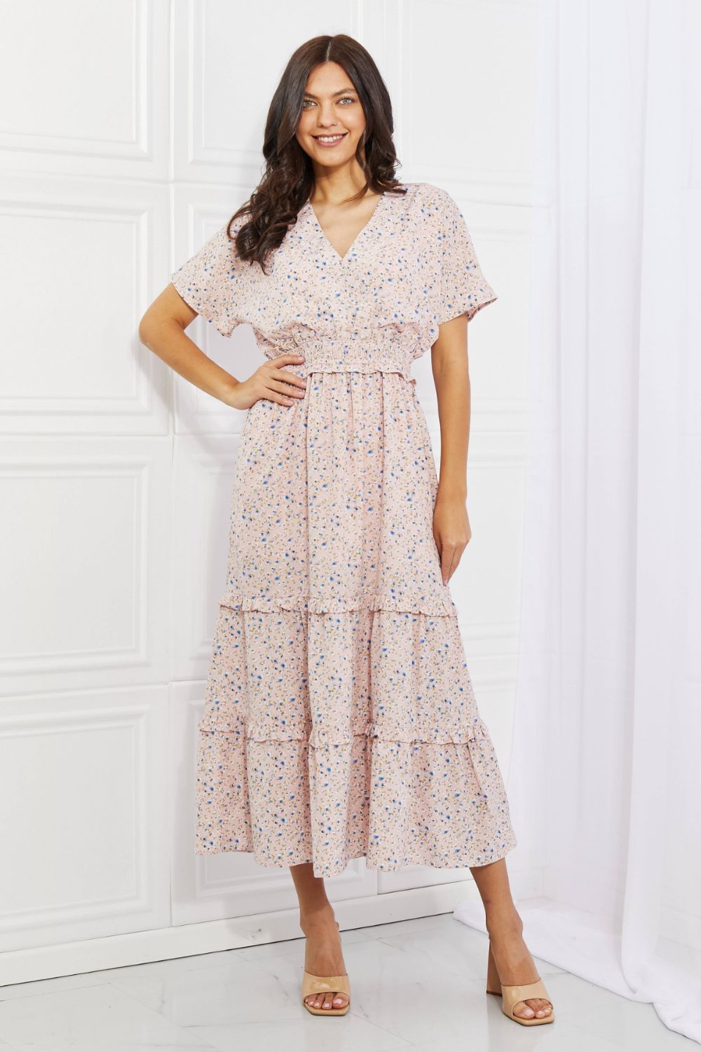  Robe longue à col en V et imprimé floral, rose poudré 