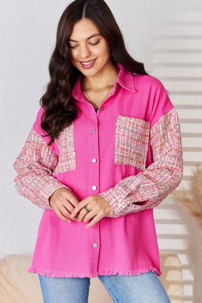  Veste en coton avec ourlet brut et boutons en tweed, fuchsia 