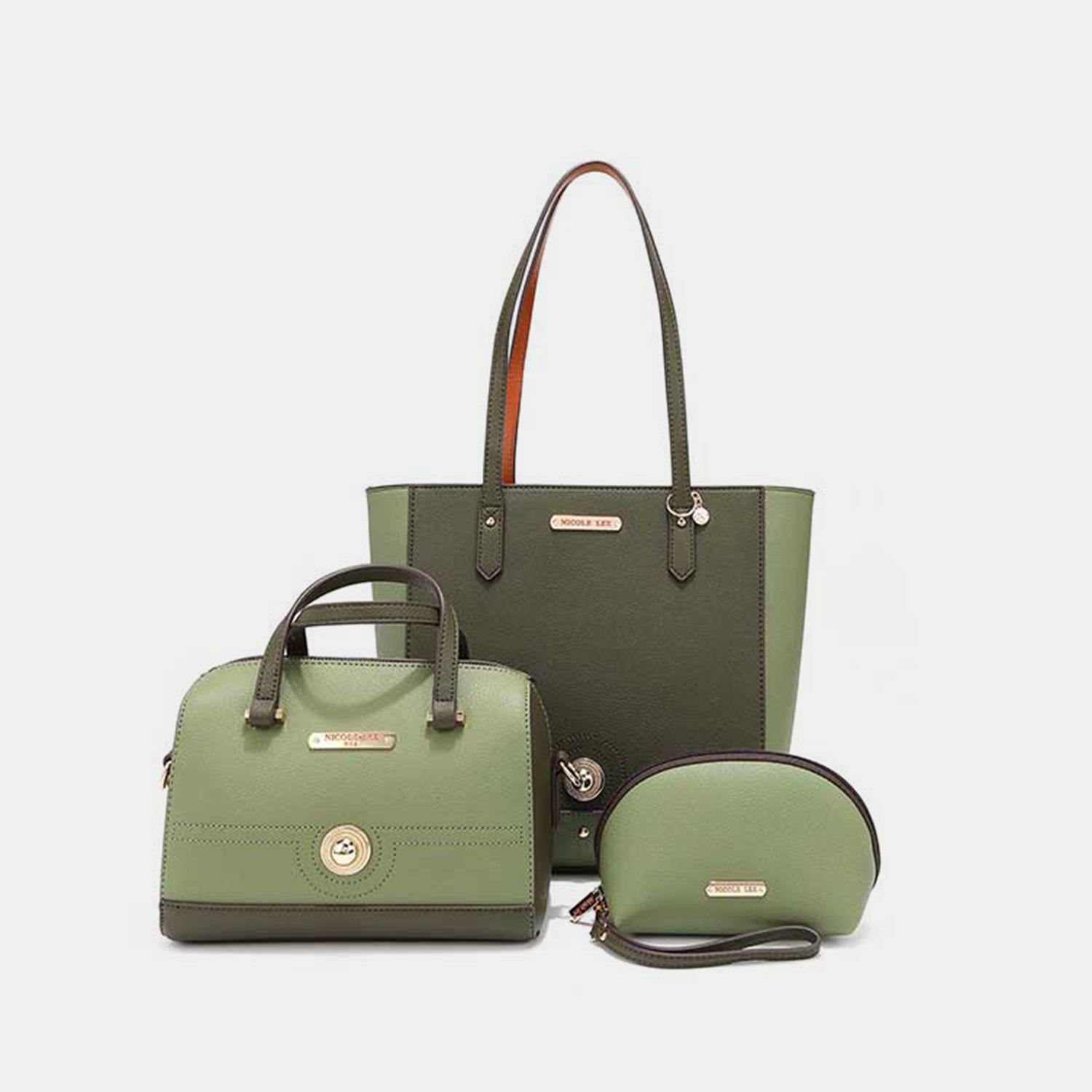  Ensemble de 3 sacs à main contrastés en cuir végétalien en olive foncé 