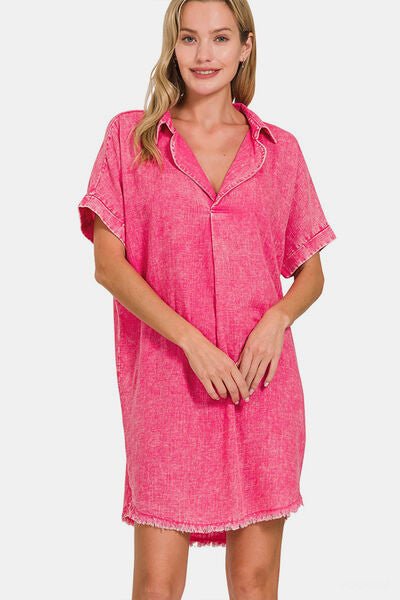  Mini-robe en lin lavé à col en V et ourlet brut, fuchsia 