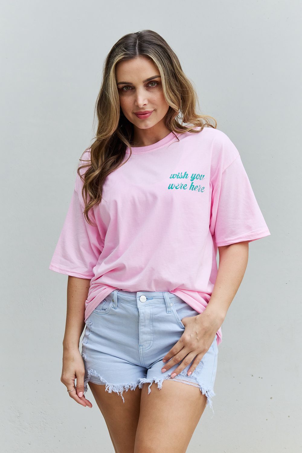  Wish You Were Here T-shirt surdimensionné en coton graphique en rose blush 