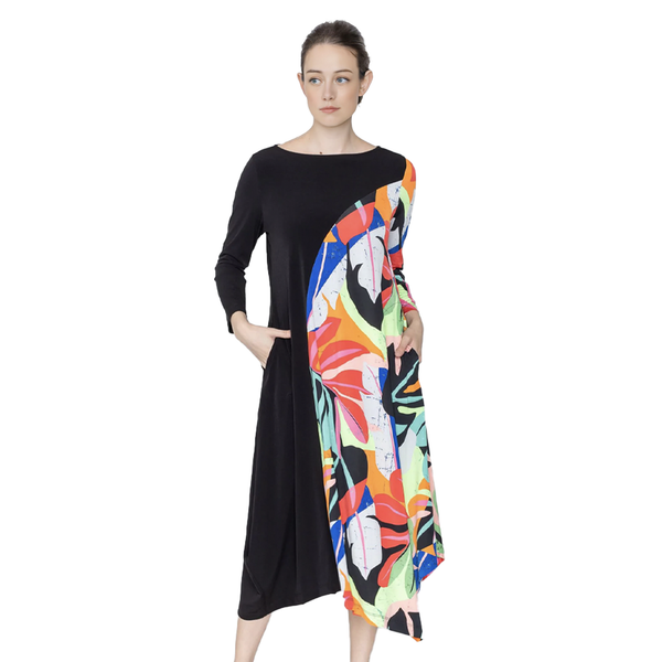 IC Collection Tropical-Print Midi Dress in Black/Multi - 5014D