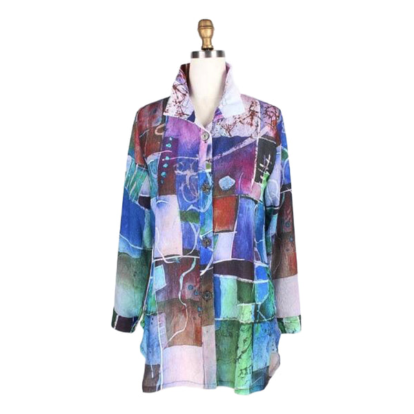 Damee Watercolor Print Long Shirt in Blue/Multi - 7057-BLU - Size M Only