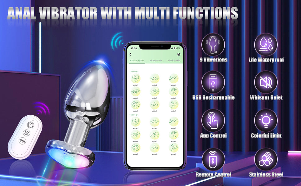 APP Control Butt Plug Heart Light Up Anal Plug with Remote Control Anal Vibrator Anal Trainer Prostate Massager