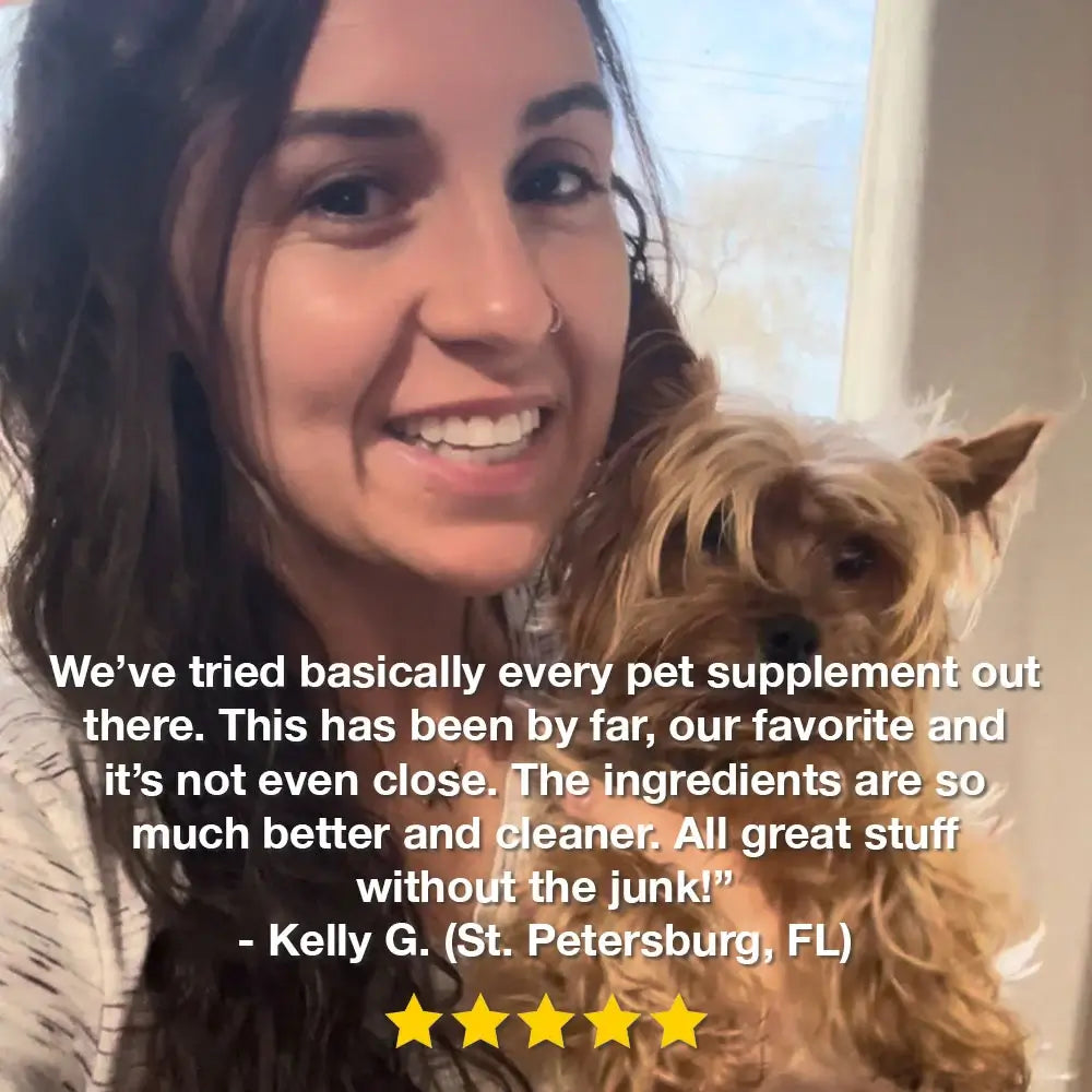 Woman holding a small dog with a testimonial text and a 5-star rating.