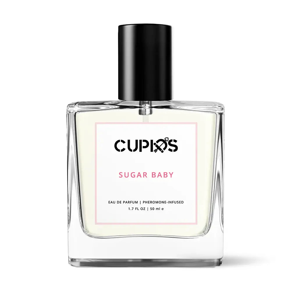 Perfume bottle labeled 'Cupid's Sugar Baby,' with a black cap and clear design.