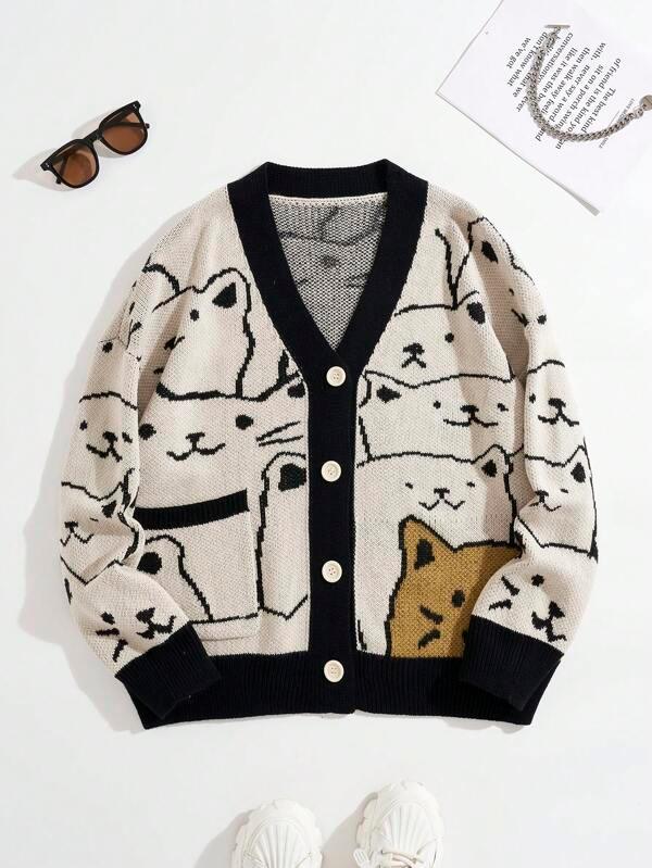 Cat Pattern Contrast Trim Cardigan