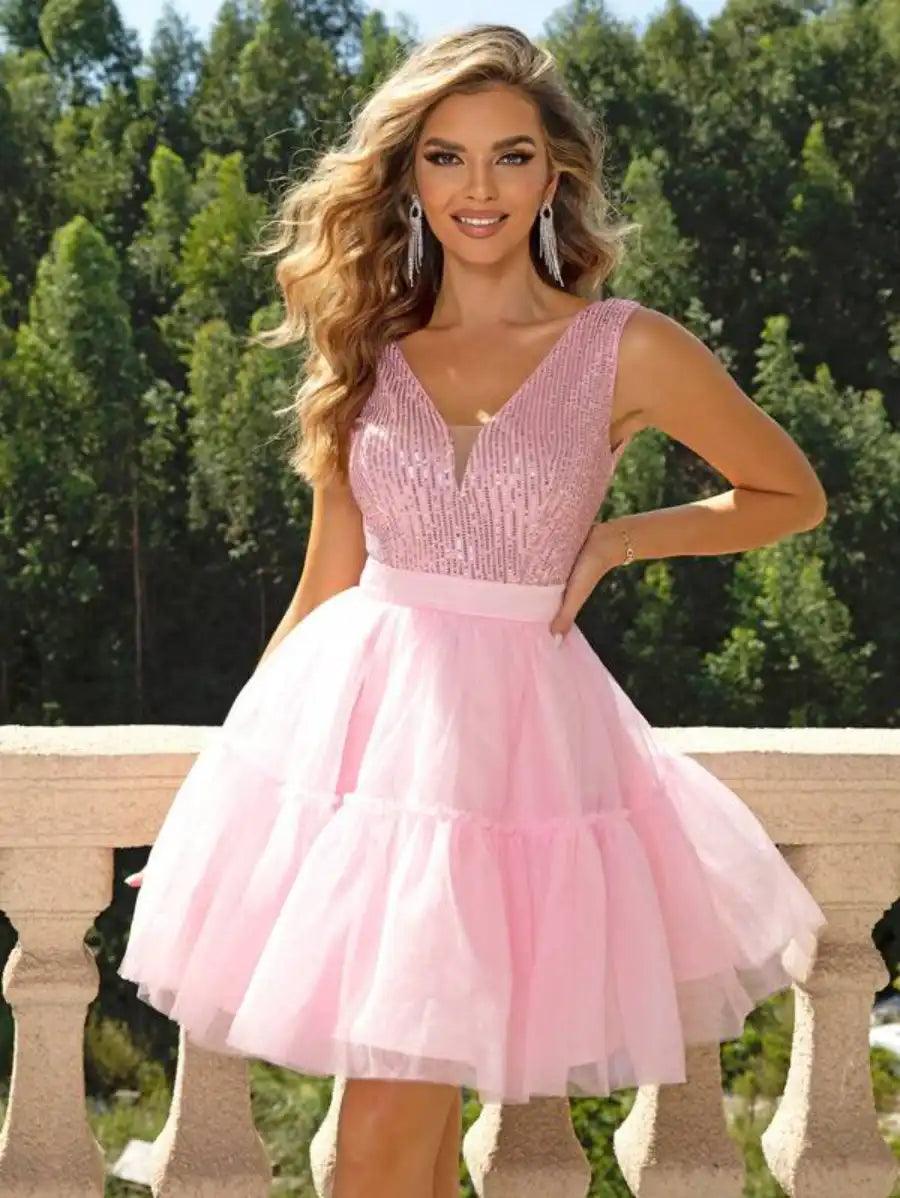 Barbie Contrast Sequin Ruffle Hem Mesh Dress
