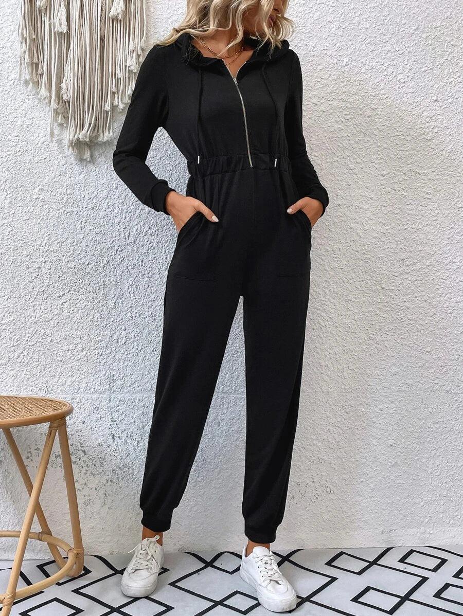 Zip Half Placket Drawstring Hooded Jumpsuit