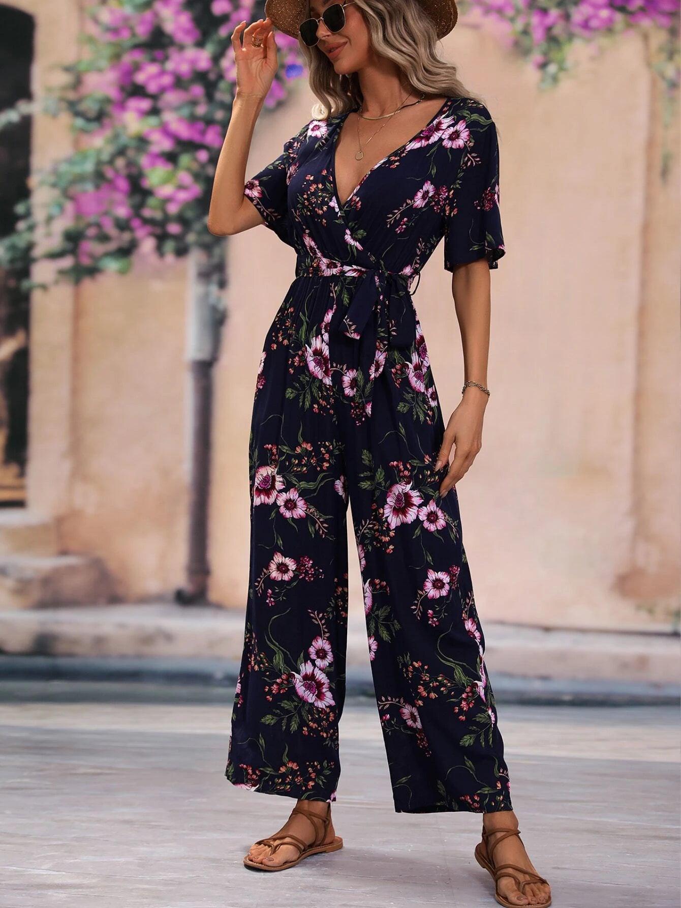 Floral Pattern Belted Jumpsuit