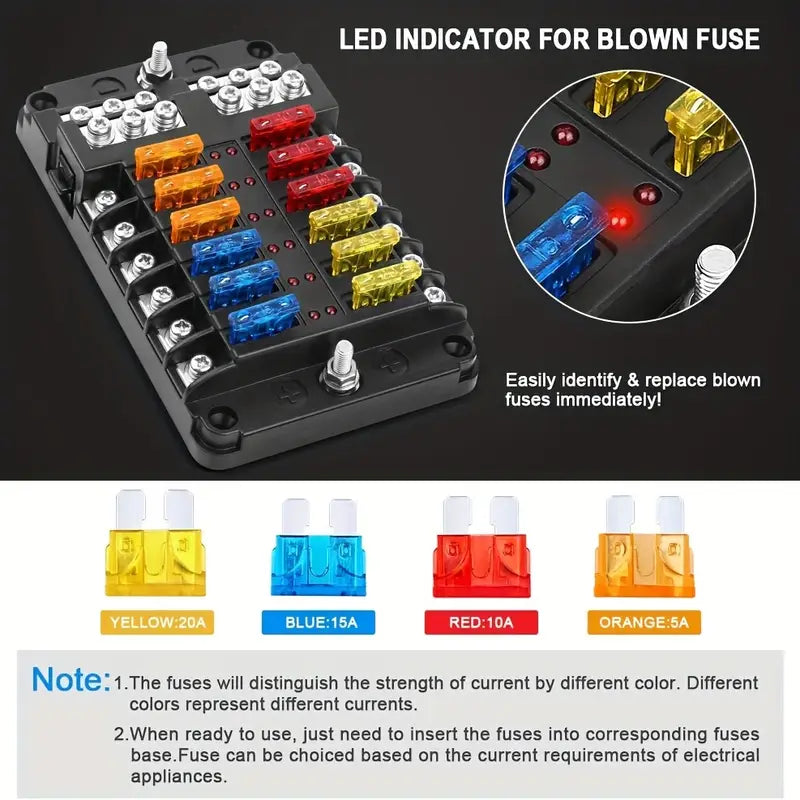 12 Volt 12-Way Fuse Block with LED Indicators and Fuses