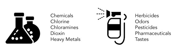 Chemicals, Chlorine, Chloramines, Dioxin, Heavy Metals, and an Icon of beakers. Herbicides, Odors, Pesticides, Pharmaceuticals, Tastes and an Icon of a Chemical Sprayer