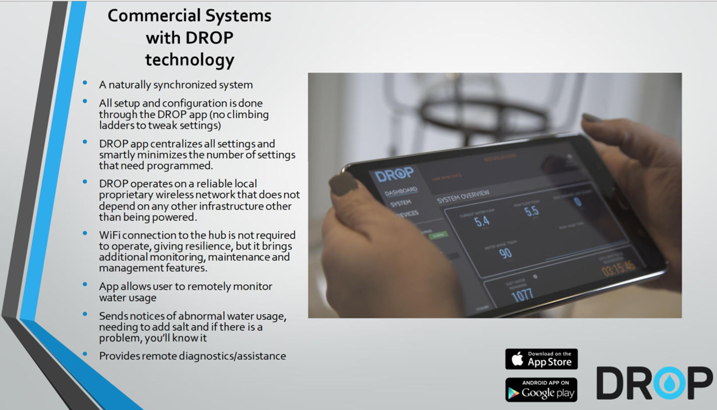 Photo of a tablet with the DROP® app on it, Commercial Systems with DROP® technology, download it on the AppStore or Google Play