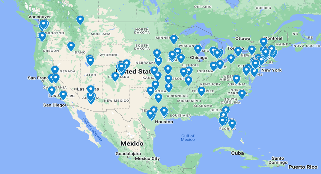 A map of the United States with points on the map indicating area were water problems are happening