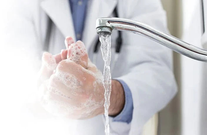 Doctor washing hands in purified water
