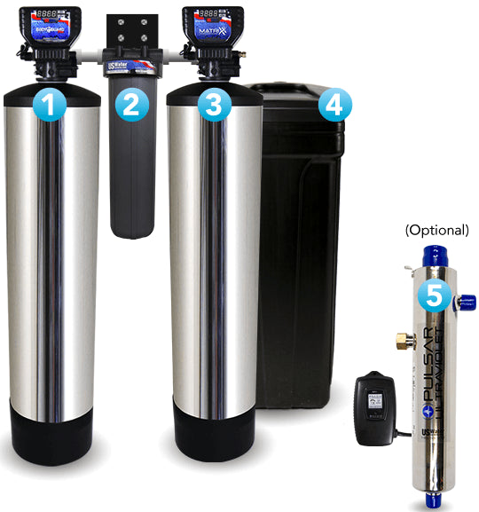 The Whole Home Filtration and Salt Based Softener W/ Drop by US Water Systems Inc. includes two tall cylindrical tanks, a smaller cylinder, a rectangular container, and an optional PULSAR device for refined city water treatment at every tap.