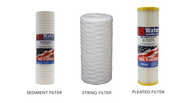 photo of a sediment filter, string filter, and a pleated filter