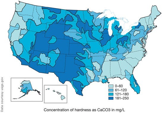 Water Hardness Map of the United States, CaCO3 in mg/L