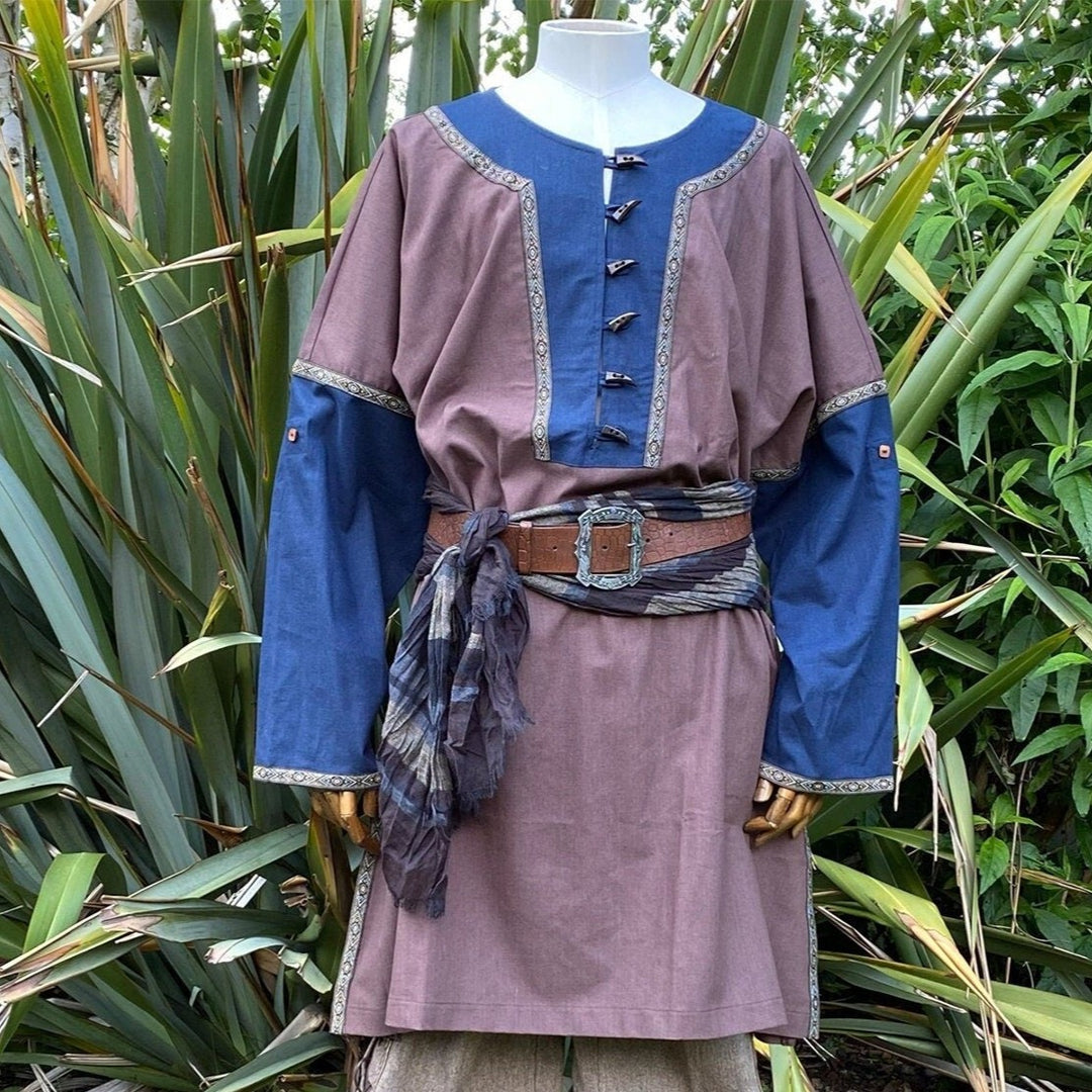 LARP Viking Tunic with Buttons - Two Tone Grey & Brown - Mohair Wool M