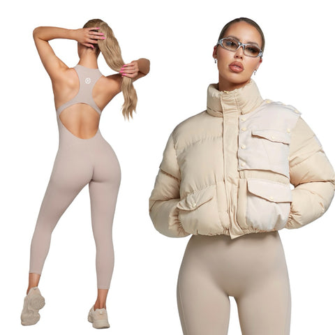 Different Ways To Flaunt Kate Galliano’s Activewear Products - cream jumpsuit - cream jumer- cream puffer jacket - cream jumpsuit for women