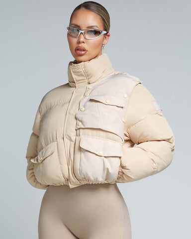 beige puffer jacket - cropped puffer jacket - latte cropped puffer jacket - puffer jackets for women - kate galliano activewear