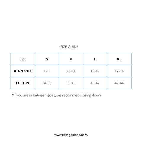 SIZE GUIDE KATE GALLIANO ACTIVEWEAR