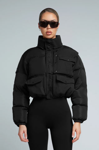 black cropped puffer jacket - black puffer jacket - black puffer jacket for women - puffer jackets for women - kate galliano activewear