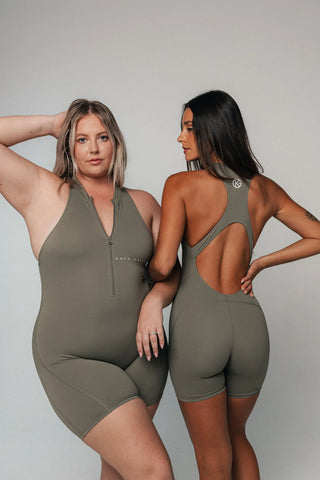 The Benefits of Wearing Neutral-Coloured Rompers - Neutral Stylish Activewear Rompers - Khaki Romper - Khaki Workout Romper - Khaki Activewear Romper - Kate Galliano Activewear