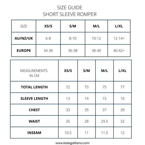 size guide - short sleeve romper | Kate Galliano