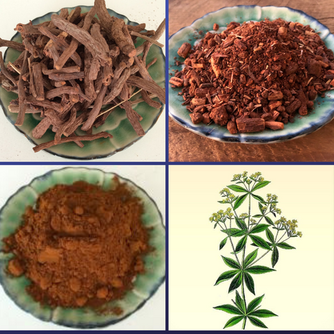 Madder root whole. madder root ground, madder extract