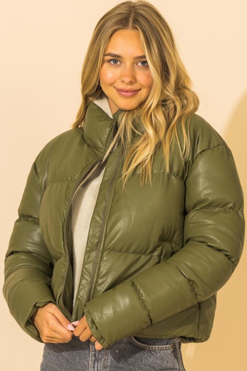 Box Cut Short Puffer Jacket in Olive