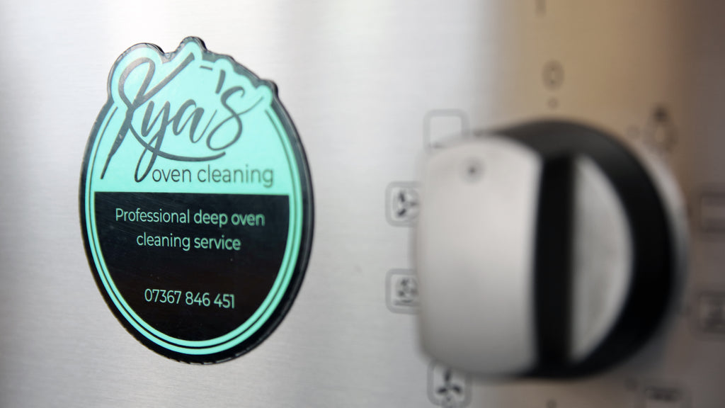 Die cut magnet with oven cleaning business card logo design