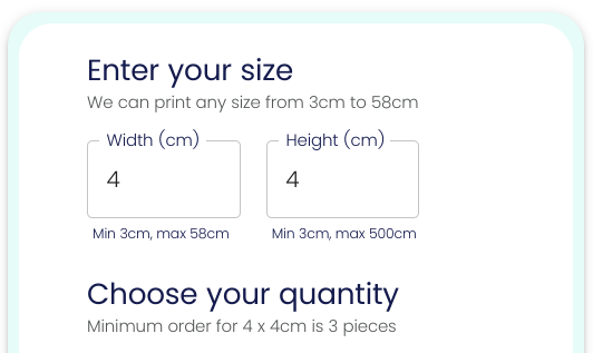 Screenshot showing the minimum quantity of custom magnets at 4x4cm