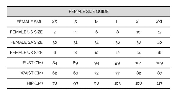 ALCA LADIES SIZE GUIDE