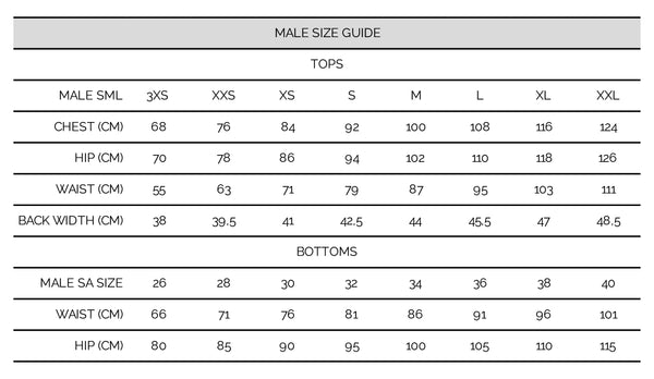 ALCA MALE SIZE GUIDE