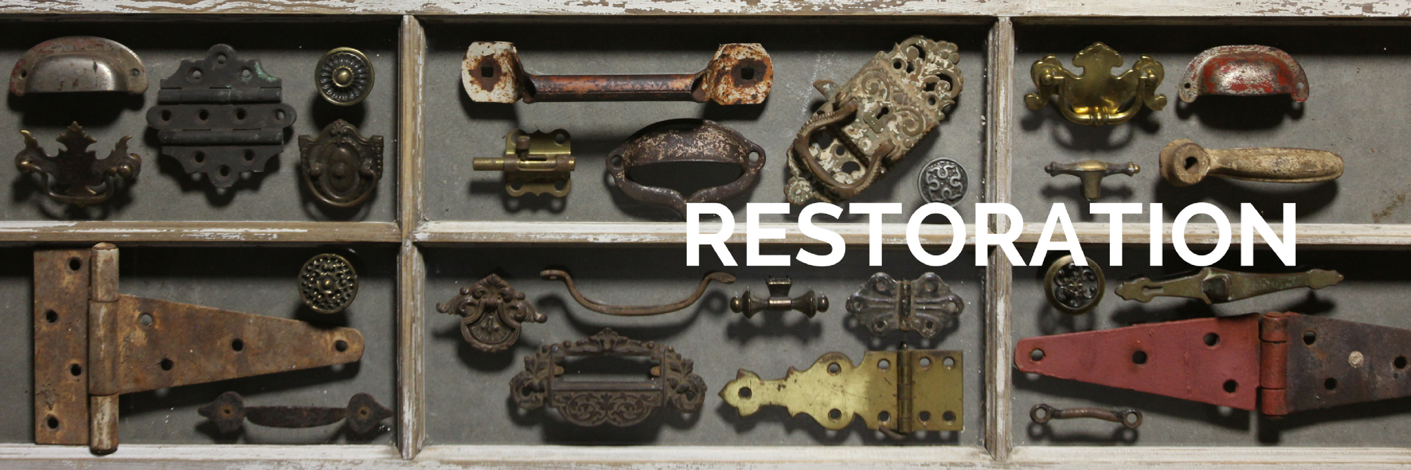 Collection of vintage and antique items used for home and building restoration