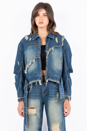 American Bazi Full Size Distressed Frayed Edge Zip Up Denim Jacket Plus Size - Twinkle Feather Uniquely You 