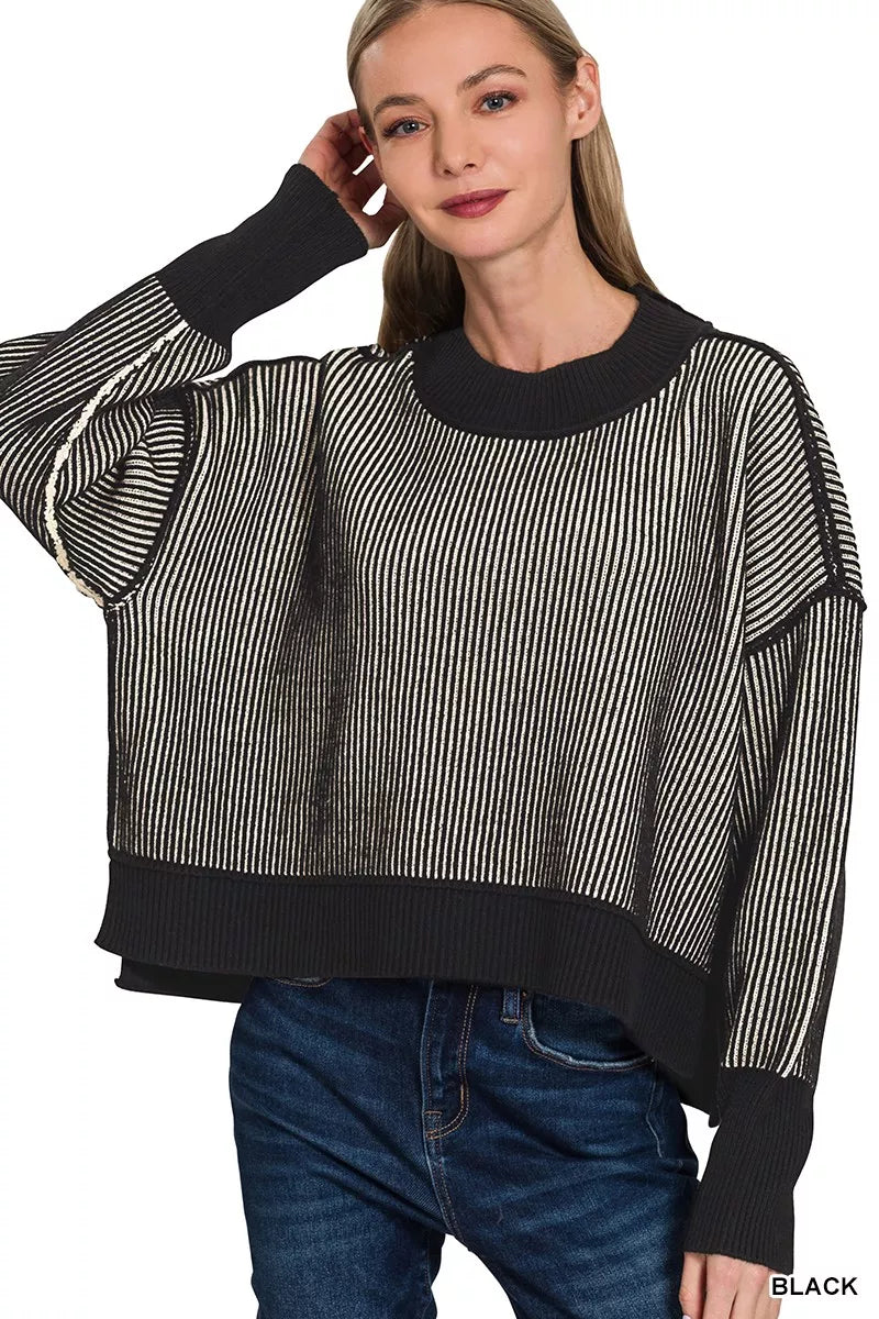 Zenana Ribbed Exposed Seam Two Tone Sweater