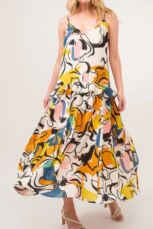 And The Why Ruffled Abstract Floral Printed Midi Cami Dress - Twinkle Feather Uniquely You 