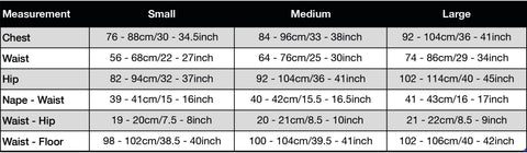 Catsuit and leotard size chart