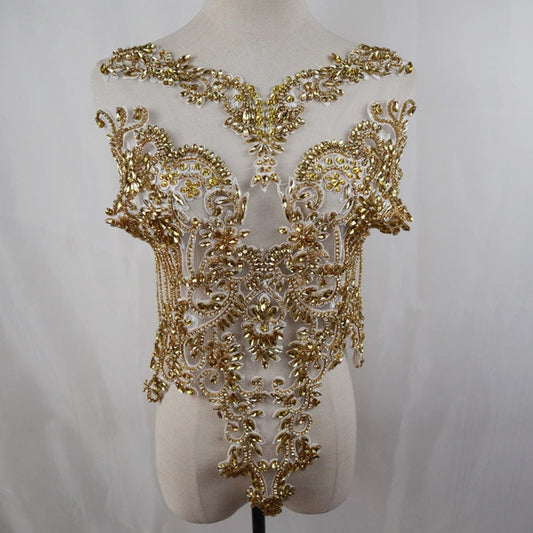 Handcrated Gold Rhinestone Applique For Couture, Heavy Bead