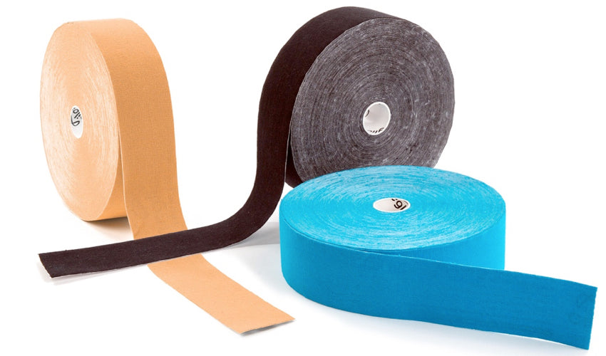 Three rolls of elastic therapeutic tape against a white background