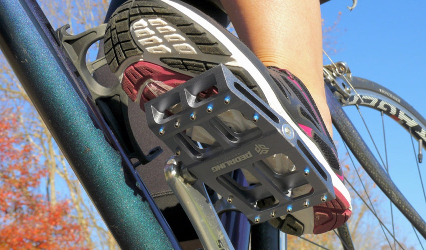 A view of the underside of Gray Catalyst Pedals by Pedaling Innovations