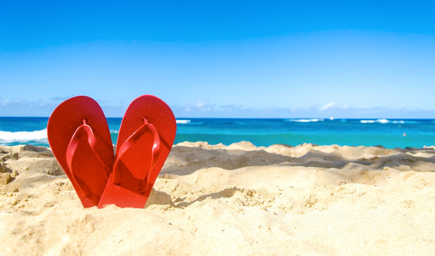 A pair of red flip-flops standing in the sand with the ocean in the background