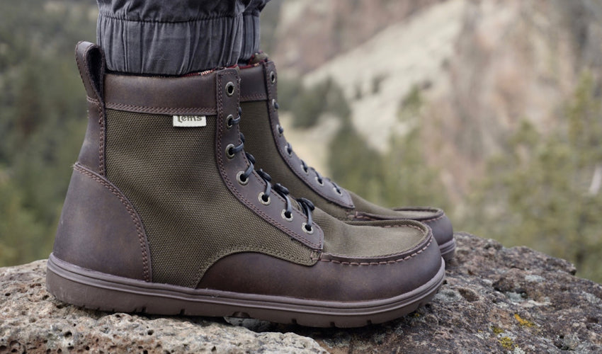 Close-up view showing the outside aspect of a pair of Lems Boulder Boots in Nylon Timber
