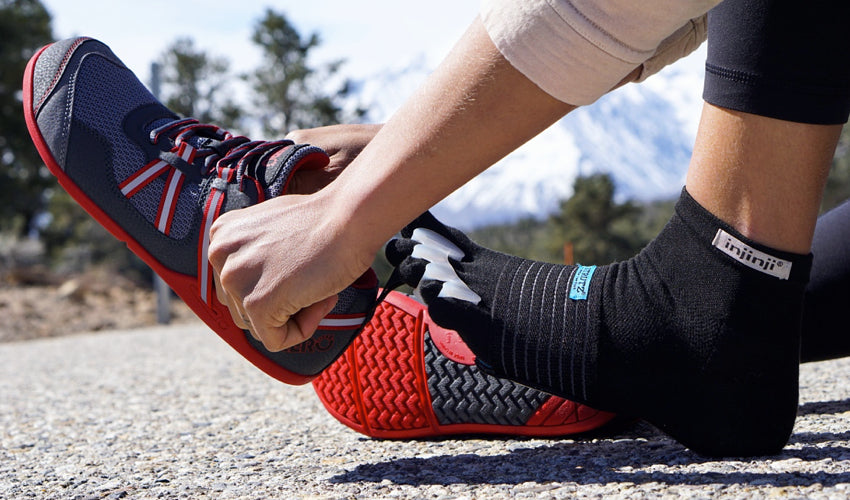 A runner pairing Correct Toes with Xero Prio shoes, Strutz Pro foot pads, and Injinji toe socks